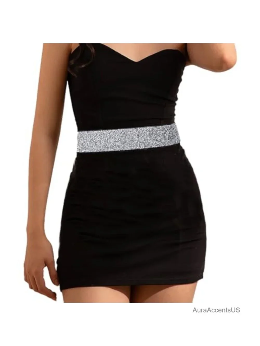 Rhinestone Stretch Waist Belt for Dress Formal PU Leather Silver